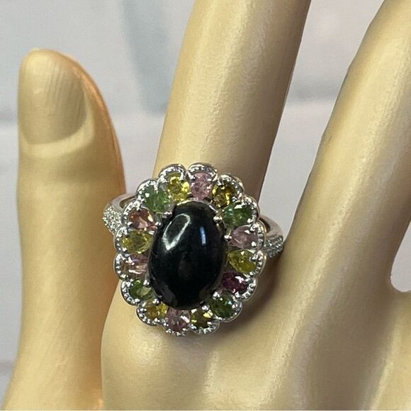 Black & Multi Color Tourmaline Natural Zircon Halo Platinum Sterling Silver Ring - Picture 10 of 13